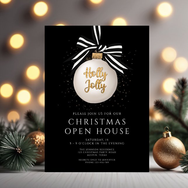 Convite Casa Aberta de Natal Elegante Black Bauble (Elegant Black Bauble Christmas Open House Invitation)