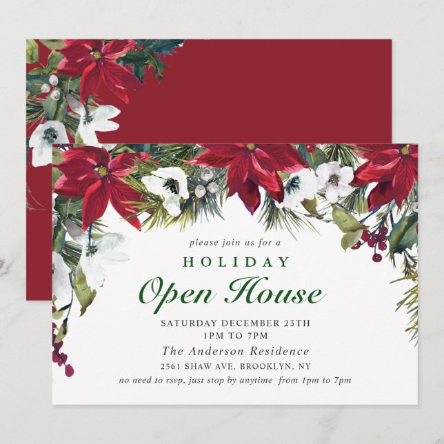 Convite Casa Aberta de Natal Elegante Poinsettia (Frente/Verso)