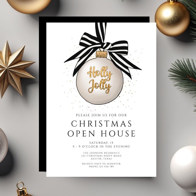 Convite Casa Aberta de Natal Festiva em Preto e Branco (Festive Black And White Christmas Open House Invitation)