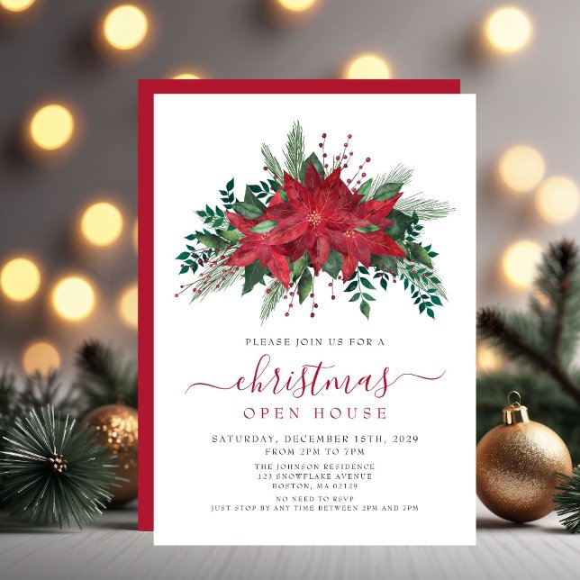 Convite Casa Aberta de Natal Floral do Elegante Red Poinse (Elegant Red Poinsettia Floral Christmas Open House Invitation
)