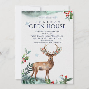 Convite Casa Aberta de Natal Holly Berry Deer