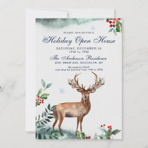 Convite Casa Aberta de Natal Holly Berry Deer