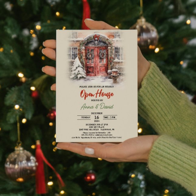 Convite Casa Aberta de Natal Russo com Aquarela (Watercolor Rustic Snow Christmas Open House Invitation, Businesses & Realtors  office parties festiv)