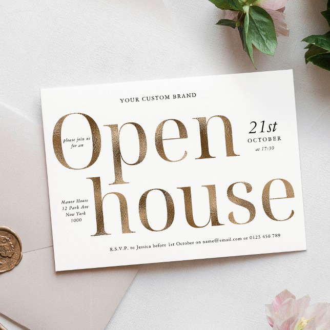Convite Casa Aberta de Negócios de Efeito Dourado Moderno  (Modern Elegant Gold Effect Business Open House Invitation)