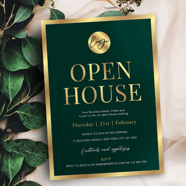 Convite Casa aberta do moderno escritório de logotipos de  (Professional emerald green and faux gold business logo open house invitation design)