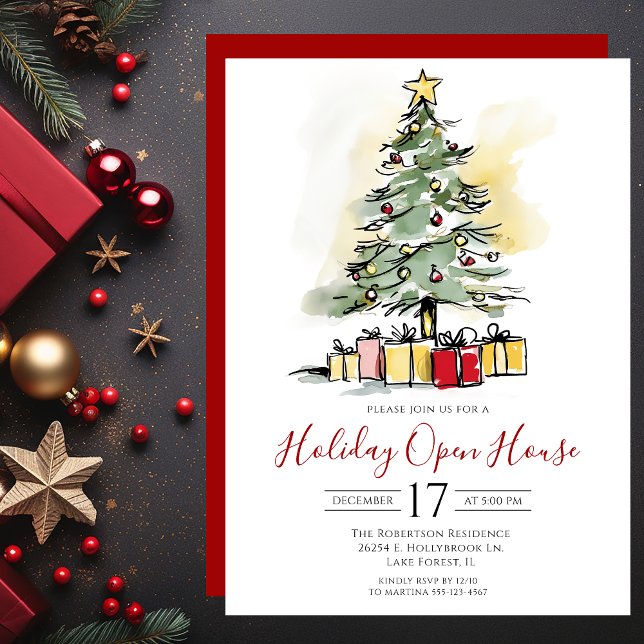 Convite Casa Aberta do Natal com Árvore de Natal em Aquare (Criador carregado)