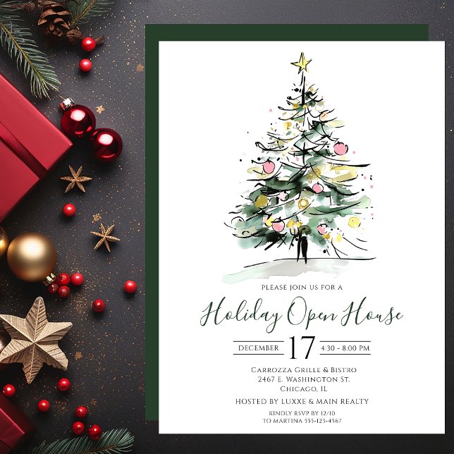 Convite Casa Aberta do Natal com Árvore de Natal em Aquare (Criador carregado)