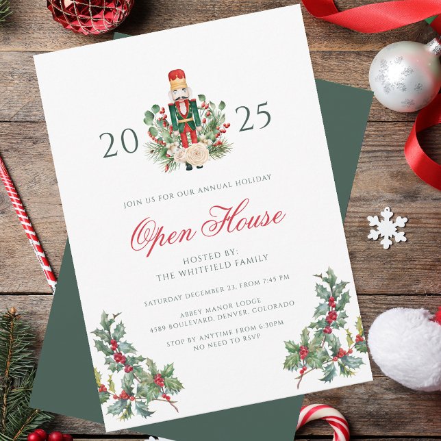 Convite Casa Aberta Festiva de Natal com Quebra-Nozes e Fr (Christmas Holiday Nutcracker Open House Red Berries Party Invitation)