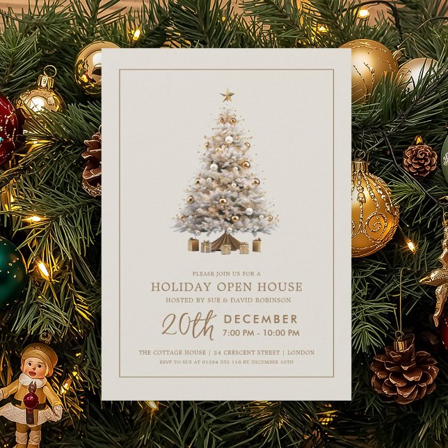 Convite Casa Aberta Formal de Natal com Árvore Dourada (Formal Christmas Holiday Open House Gold Tree Invitation)
