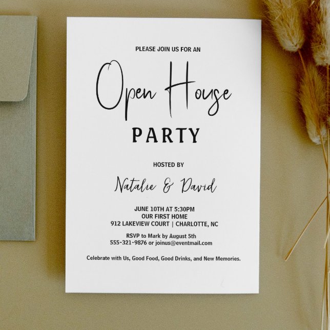 Convite Casa Aberta Moderna e Simples de Preto e Branco (Modern Simple Minimalist Black & White Open House Invitation sample chic business  party office )