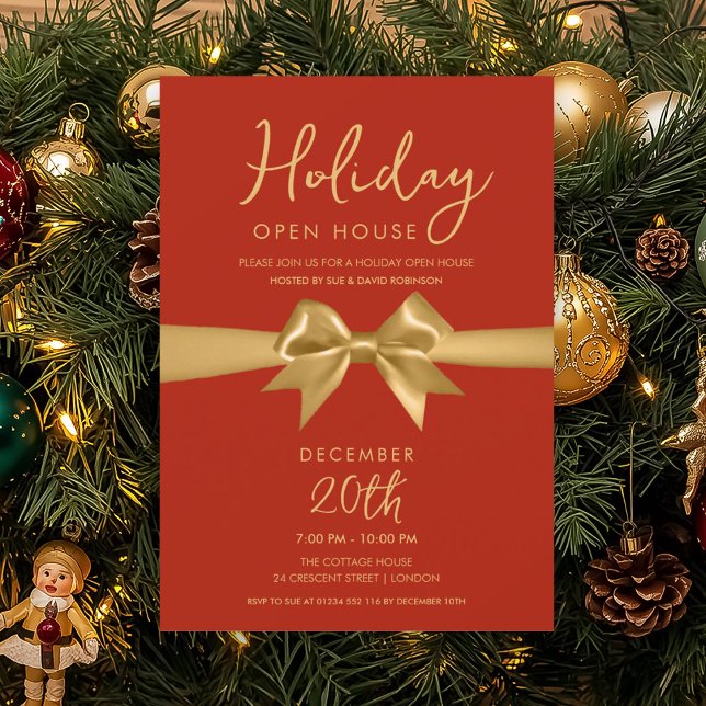 Convite Casa Aberta no Feriado de Natal Arco Dourado Verme (Christmas Holiday Open House Gold Bow Red Invitation)
