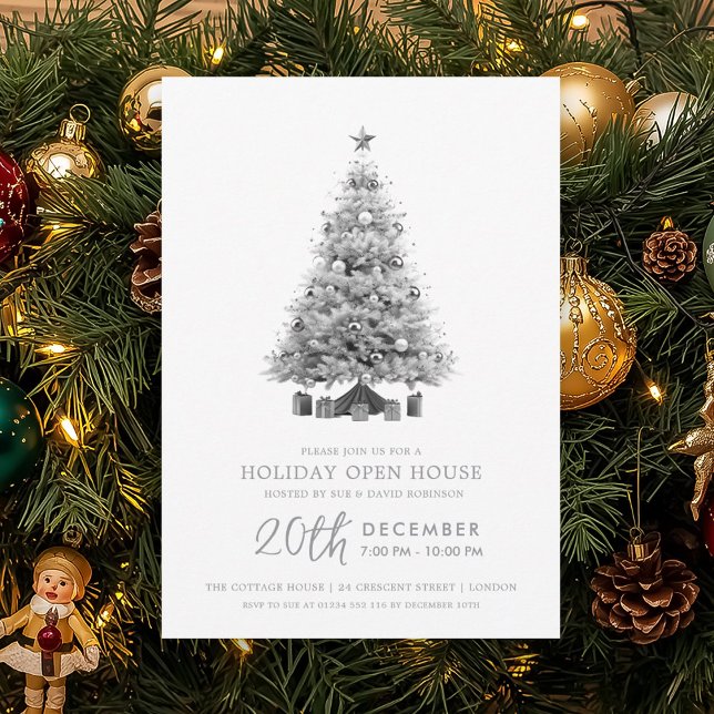 Convite Casa Aberta no Feriado de Natal Árvore de Natal Pr (Christmas Holiday Open House Silver Xmas Tree Invitation)