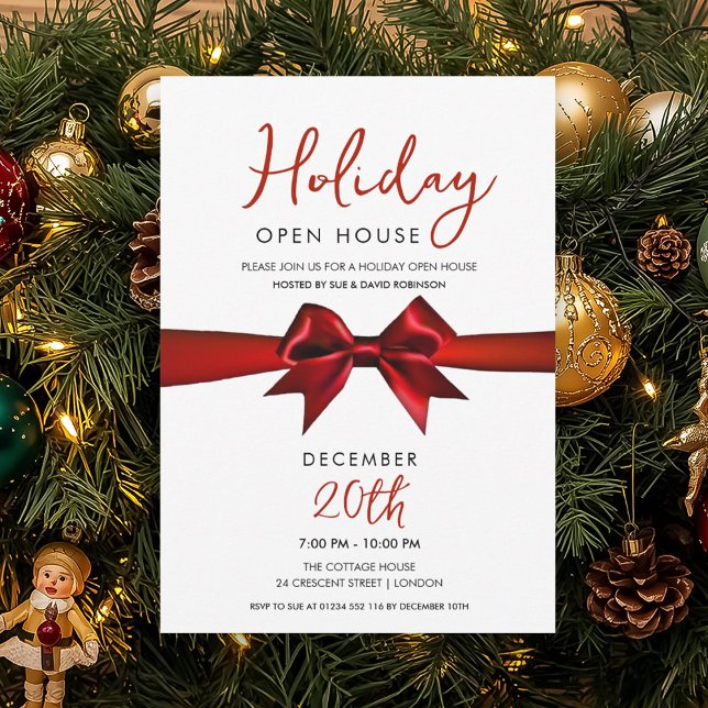Convite Casa Aberta no Feriado de Natal com Laço Vermelho (Christmas Holiday Open House Red Bow Invitation)