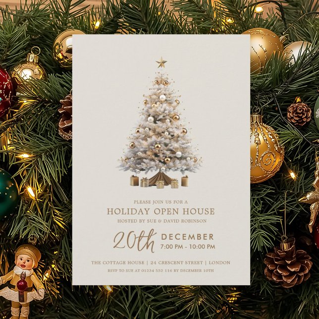 Convite Casa Aberta no Natal Árvore de Natal Dourada  (Christmas Holiday Open House Gold Xmas Tree Invitation)