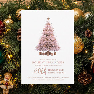 Convite Casa Aberta no Natal Árvore de Natal Dourado Rosa