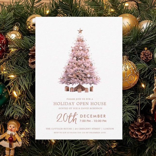 Convite Casa Aberta no Natal Árvore de Natal Dourado Rosa  (Christmas Holiday Open House Rose Gold Xmas Tree Invitation)