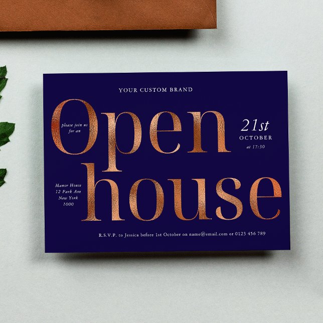 Convite Casa aberta para empresas Douradas do Elegente Mar (Elegant Navy & Bronze Gold Business Open House Invitation)