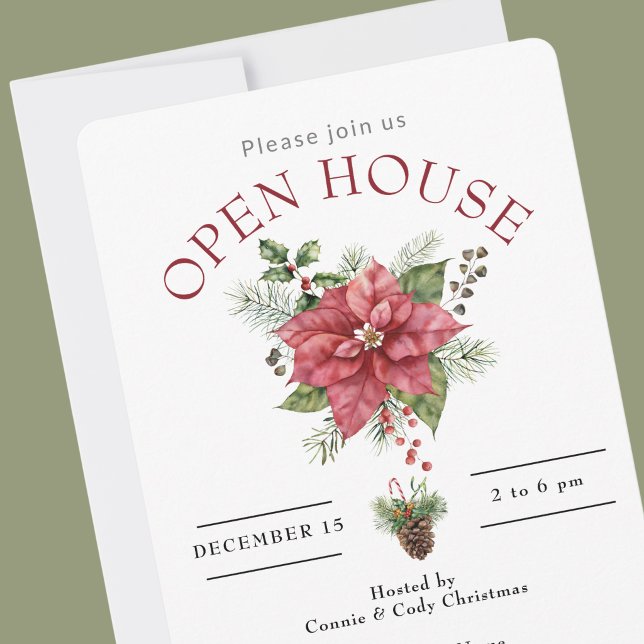 CONVITE CASA ABERTA POINSETTIA VERMELHA DE NATAL (Holiday Open House Invitations)