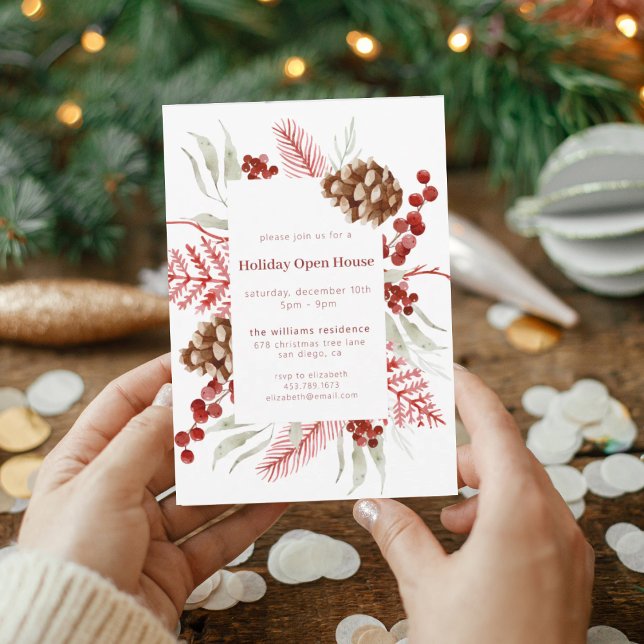Convite Casa Aberta Rustic Pinecone & Berry Holiday (Criador carregado)