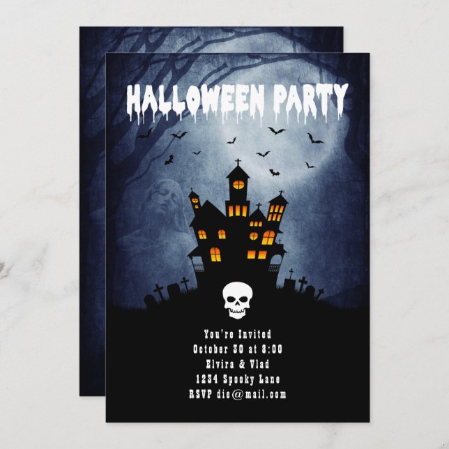Convite Casa Assaltada Spooky com Espírito Azul (Frente/Verso)