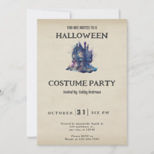 Convite Casa Assombrada Azul Rosa Vintage Halloween