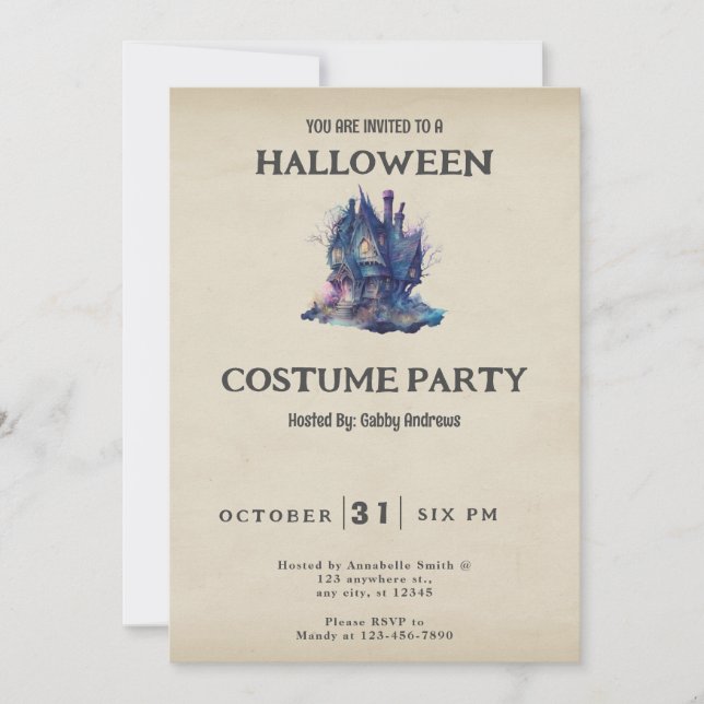 Convite Casa Assombrada Azul Rosa Vintage Halloween (Frente)