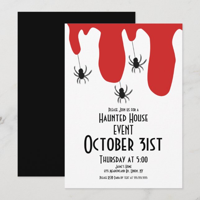 Convite Casa Assombrada de Halloween Aranhas Sangrentas (Frente/Verso)