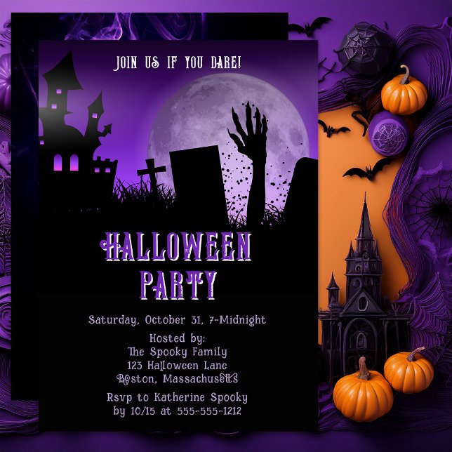Convite Casa Assombrada Festa de Halloween Lua Roxa Zumbi (Haunted house Halloween invitation with purple moon and spooky graveyard scene.)