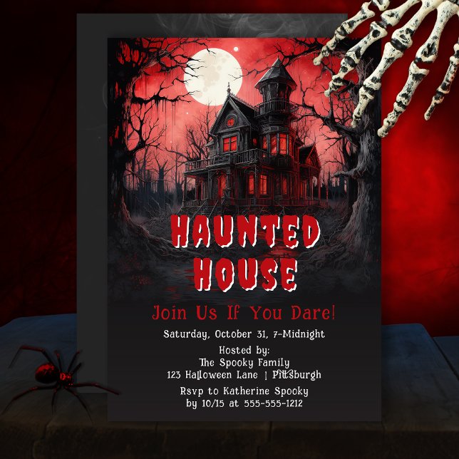 Convite Casa Assombrada Halloween Sinistro  Floresta Gótic (Haunted house invitation with eerie red moon and gothic Halloween atmosphere.)