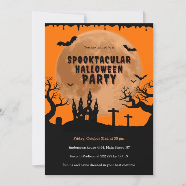 Convite Casa Assombrada Laranja Lua Halloween (Frente)