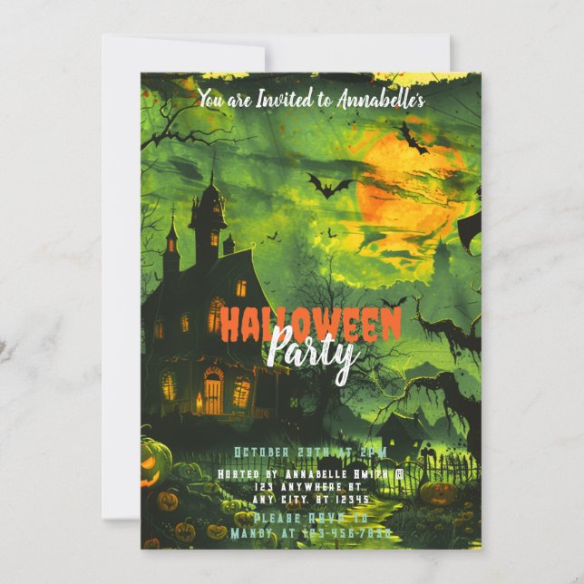 Convite Casa Assombrada Lua Cheia Abóboras Festa de Hallow (Frente)