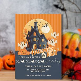 Convite Casa Assombrada Moderna de Halloween Preta e Laran
