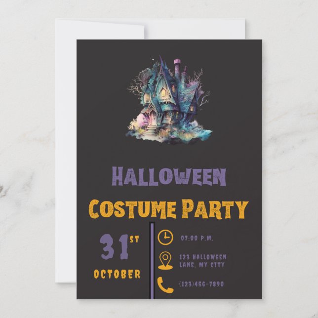 Convite Casa Assombrada Rosa Verde Moderno Preto Halloween (Frente)