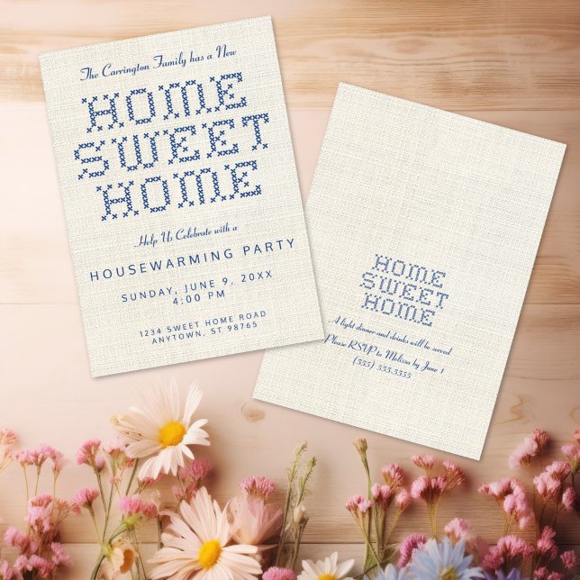 Convite Casa Cruzada, Casa Doce, Azul (Rustic and Charming Faux Cross stitch Home Sweet Home Blue Housewarming Invitation)