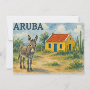 Convite Casa cunucu amarela de Aruba com burro aquarela
