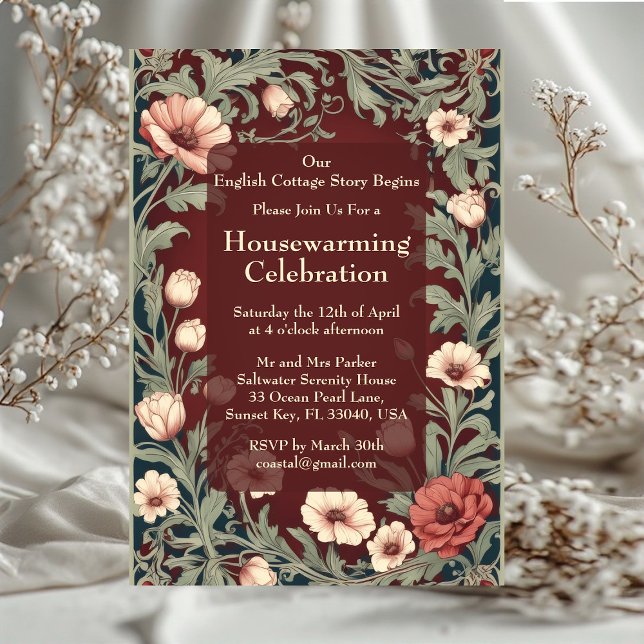 Convite Casa de Campo Inglesa William Morris Marrom Aqueci (English Cottage William Morris Styled Housewarming Invitation)