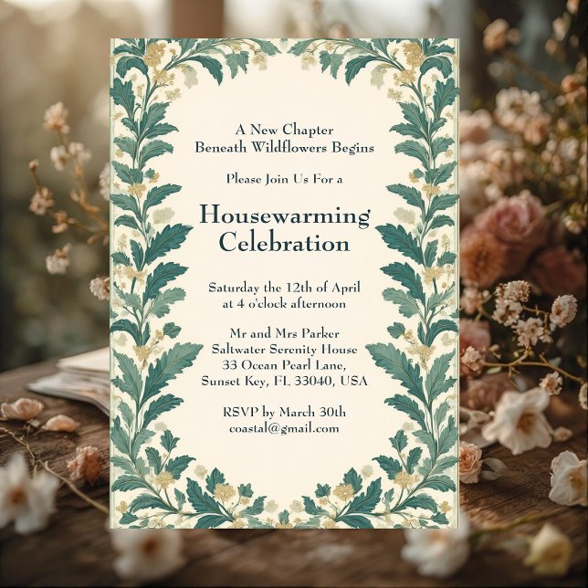 Convite Casa de Campo Rústica William Morris Aquecimento d (Rustic Cottagecore William Morris Art Housewarming Invitation)