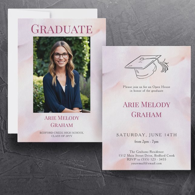 Convite Casa de Graduação de Foto com Pastéis Suaves (watercolor graduation abstract pink one photo graduate cap doodle)
