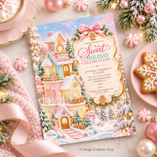 Convite Casa de Pão de Mel Rosa Celebração Doce de Férias