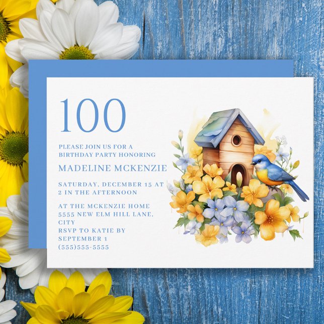 Convite Casa de Pássaros Azul Flores Amarelas 100º Anivers (Yellow and blue flowers, blue bird and birdhouse 100th birthday party invitation)