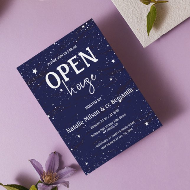 Convite Casa Moderna de Estrelas Azuis para Aquecimento  (Modern Open House Navy Blue Stars Housewarming Invitation chic elegant sky stars holiday blue white )