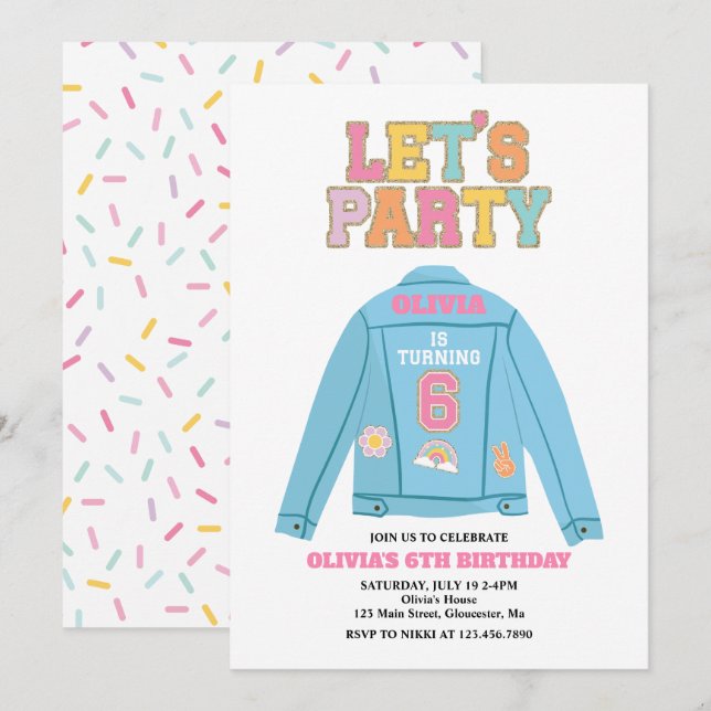 Convite Casaco de jeans Preppy Patch de 6º aniversário (Frente/Verso)