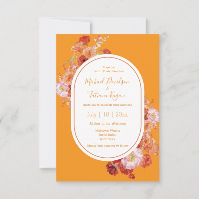Convite casado chic floral vermelho-alaranjado (Frente)