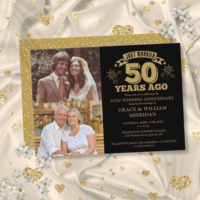 Convite Casados há 50 anos 2 Fotos Dourado Preto (Just Married 50th Anniversary 2 Photo Gold Black Invitation)