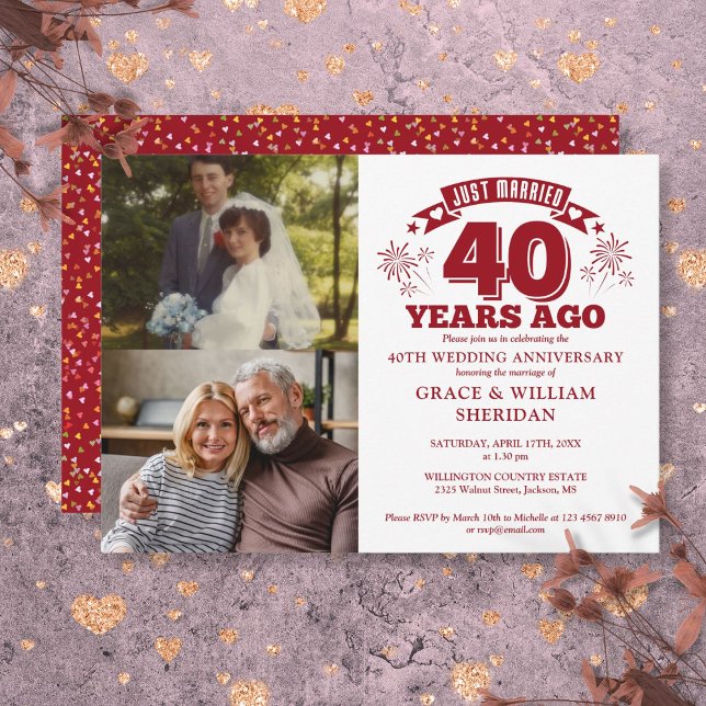 Convite Casados ​​há pouco tempo Ruby 40º aniversário de c (Just Married Ruby 40th Wedding Anniversary 2 Photo Invitation)