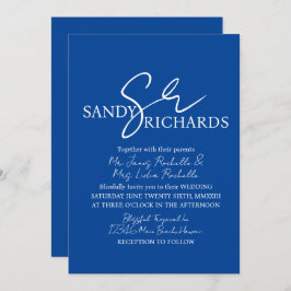 Convite Casais Casamento de Script Branco Azul Monograma