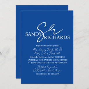 Convite Casais Casamento de Script Branco Azul Monograma