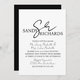 Convite Casais Casamento de Script Branco Preto Monograma