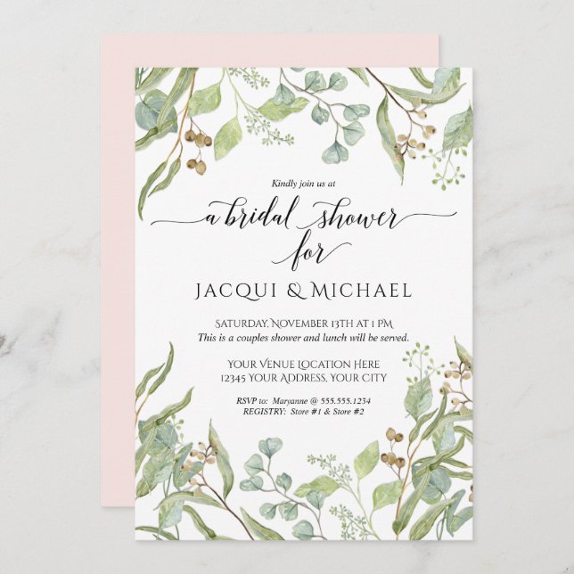 Convite Casais Chá Aquarela Eucalyptus Verde Rosa (Frente/Verso)