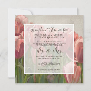 Convite Casais Chá Coral Tulip Floral Wooden Casamento